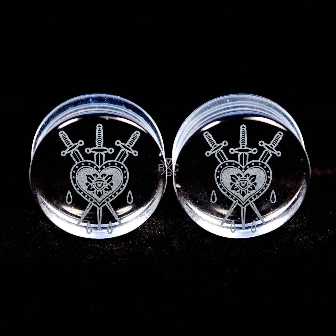 Heart Swords Clear Glass Plugs